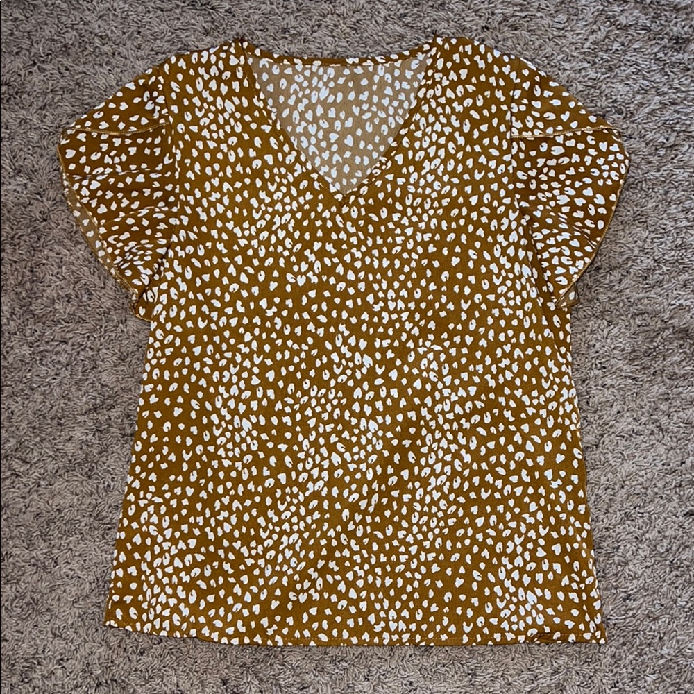 SHEIN Brown & White Dot Flutter Sleeve Blouse